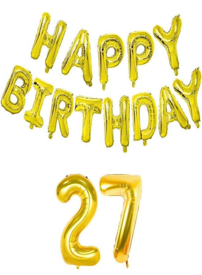 Flyloons 27th Golden Colour Happy Birthday Foil Balloon Banner Set for 27 Year Boys Men Women|with Number Twenty-seven|13 Letters Reusable Happy Birthday Metallic Foil Balloons Decoration Kit, 15 Pcs - Image 1